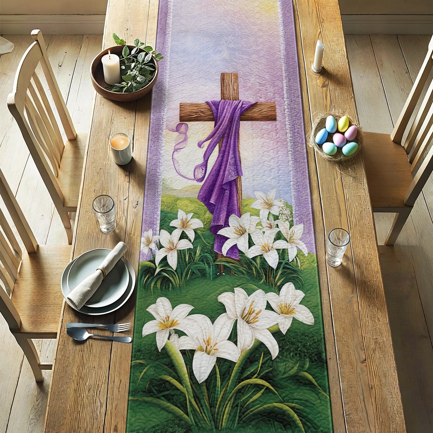 Shineful 2D Flat Print Quilted Table Runner Cross of Renewal