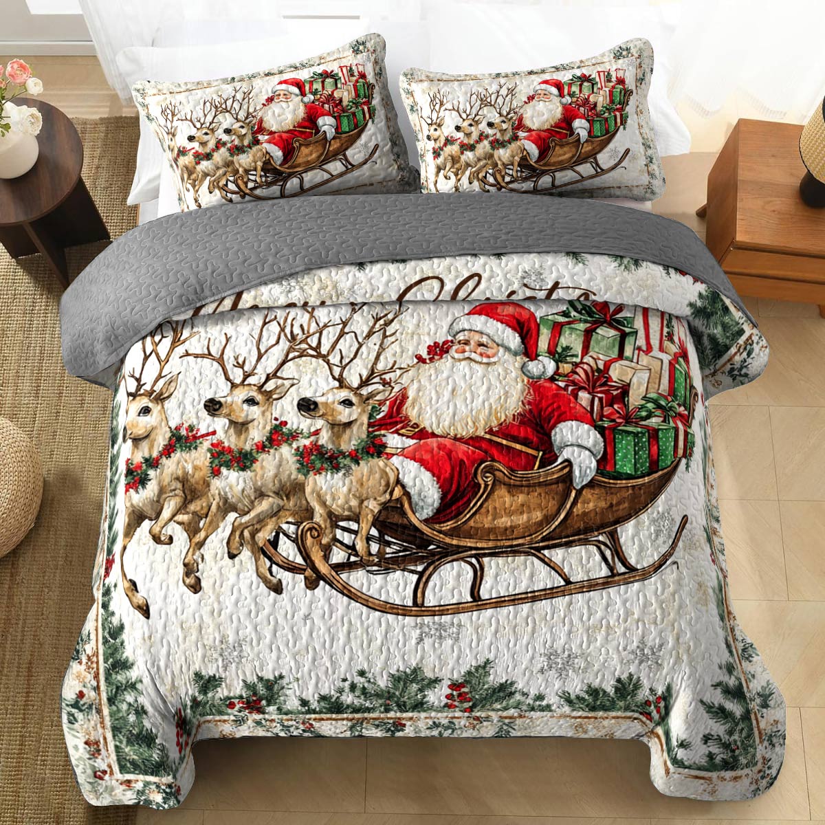 Shineful All Season Quilt 3-Piece Set A Santa In His Sleigh With Gentle Reindeers