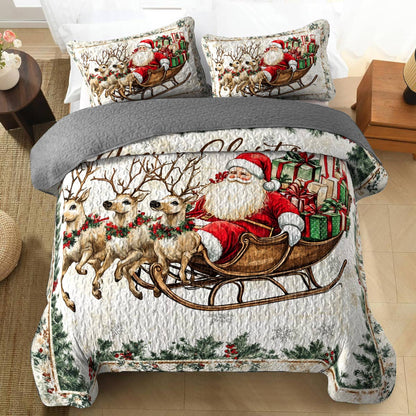 Shineful All Season Quilt 3-Piece Set A Santa In His Sleigh With Gentle Reindeers