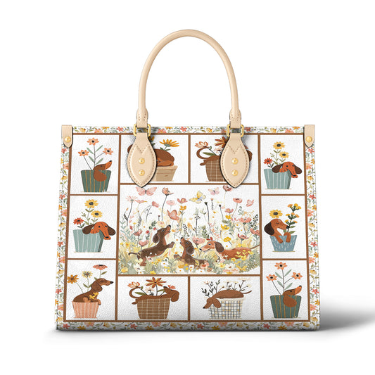 Glänzende Ledertasche Blumen Dackel