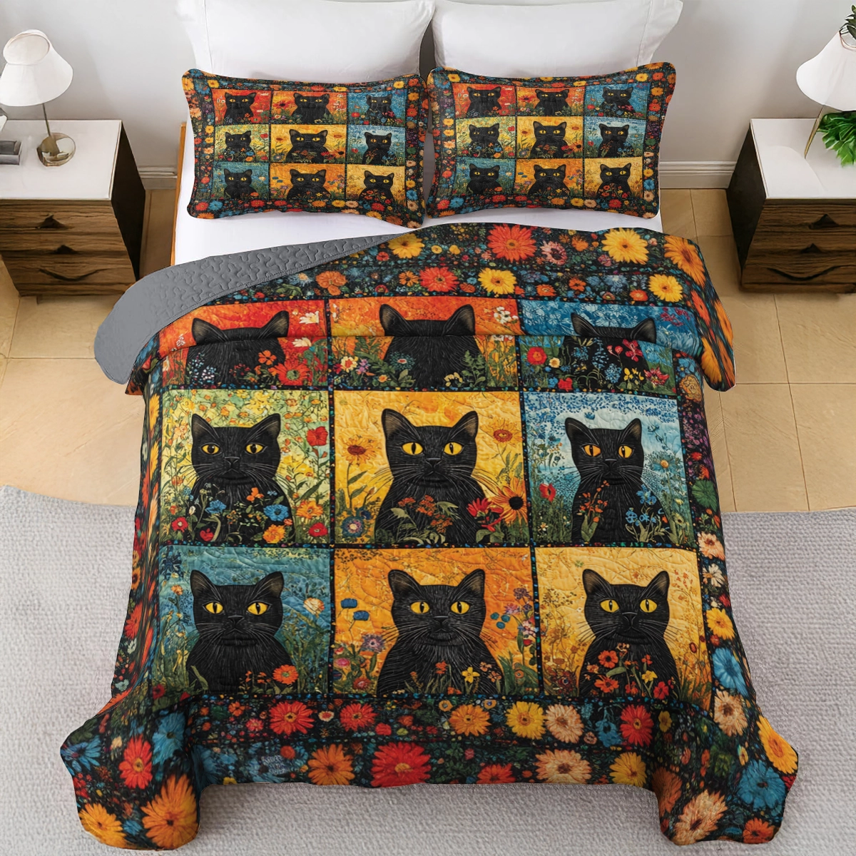 Shineful All Season Quilt 3-Piece Set - Midnight Garden Cat