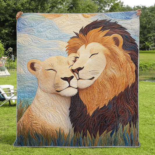 Shineful Flat Print Faux Quilt Blanket - Loving Lions Embraced in Serengeti Serenity