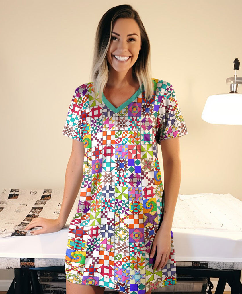 Quilting Shineful® V-Neck Nightshirts Colorful Blocks Tl10