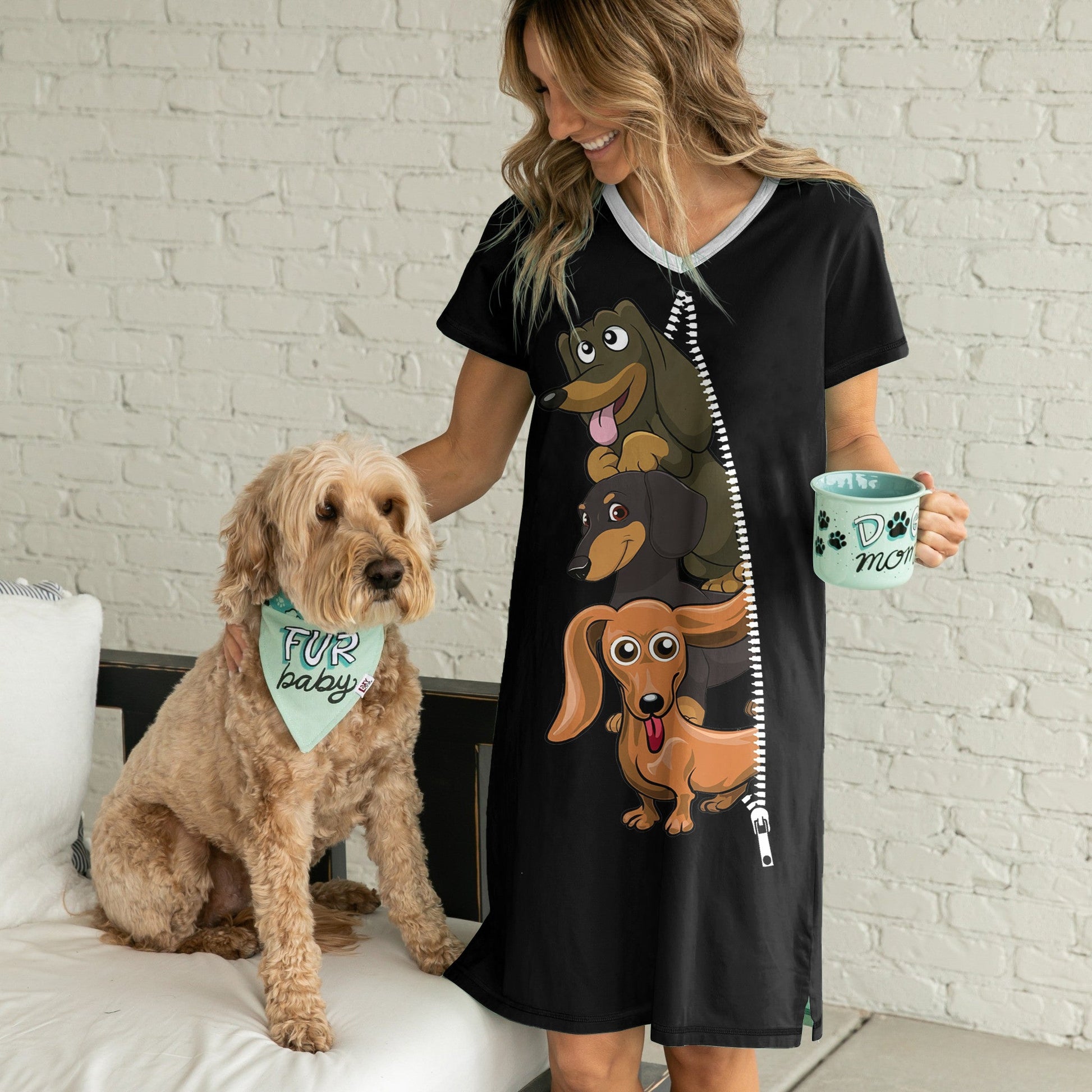 Dachshund Pajabears® V-Neck Nightshirts 02 Hg23 S / Black