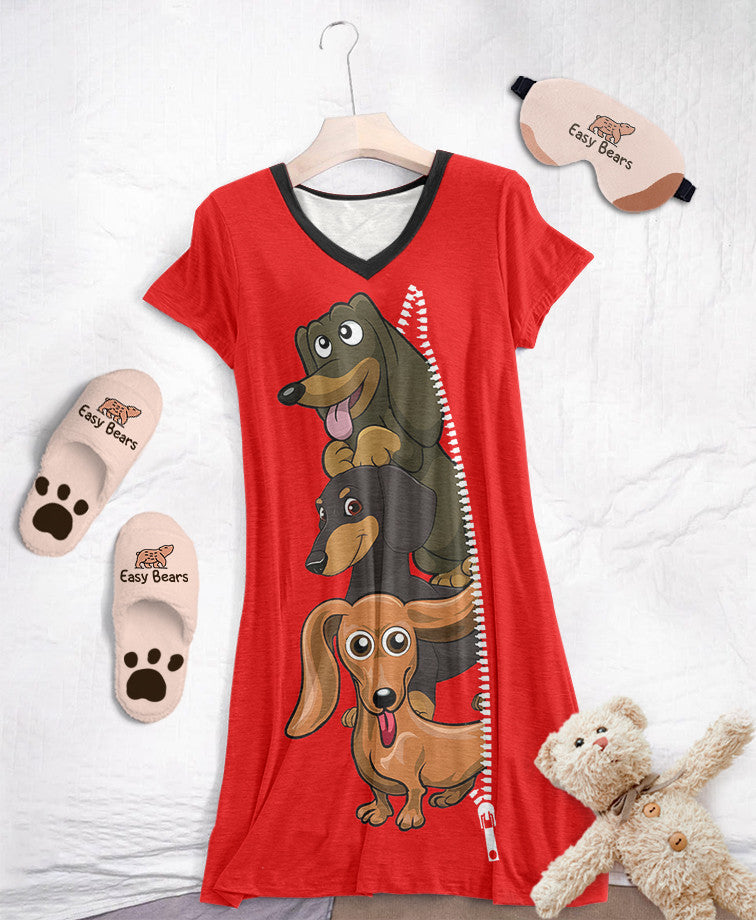 Dachshund Pajabears® V-Neck Nightshirts 02 Hg23 S / Red Splash