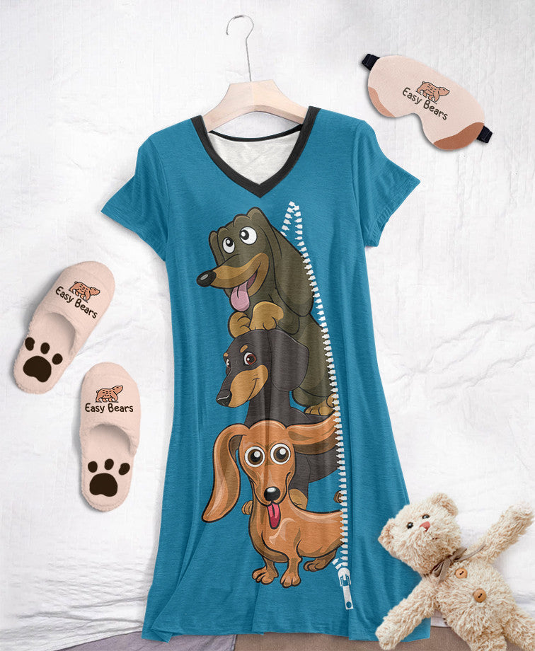 Dachshund Pajabears® V-Neck Nightshirts 02 Hg23 S / Blue