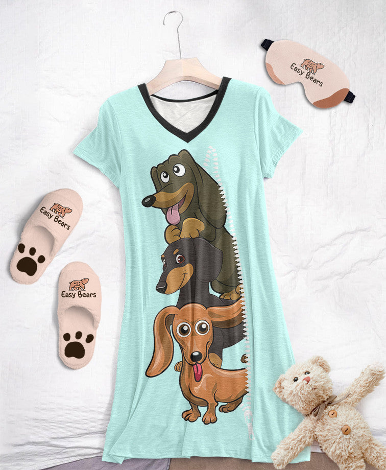 Dachshund Pajabears® V-Neck Nightshirts 02 Hg23 S / Pale Green