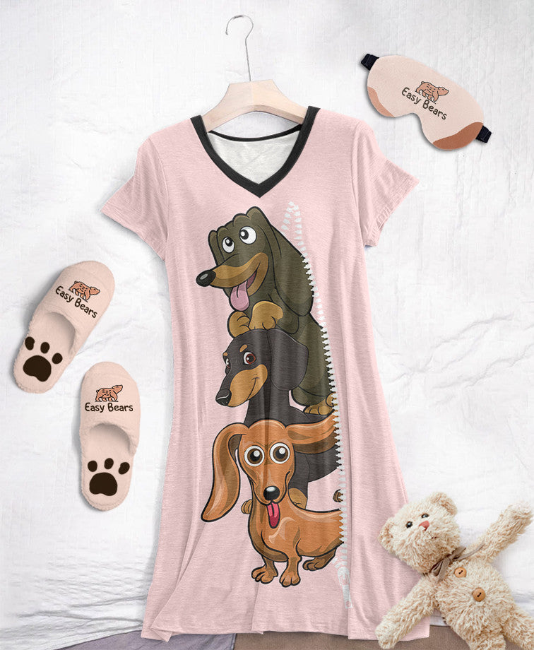 Dachshund Pajabears® V-Neck Nightshirts 02 Hg23 S / Soft Pink