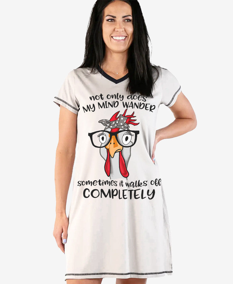 Chicken Shineful® V-Neck Nightshirts Not Only Does My Mind Wander Lv01 S / White