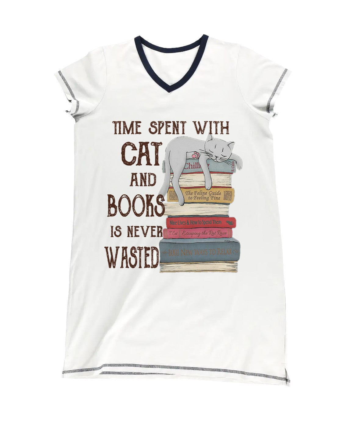 Reading Shineful® V-Neck Nightshirts Time Spent With Cat And Books Tn22 S / White