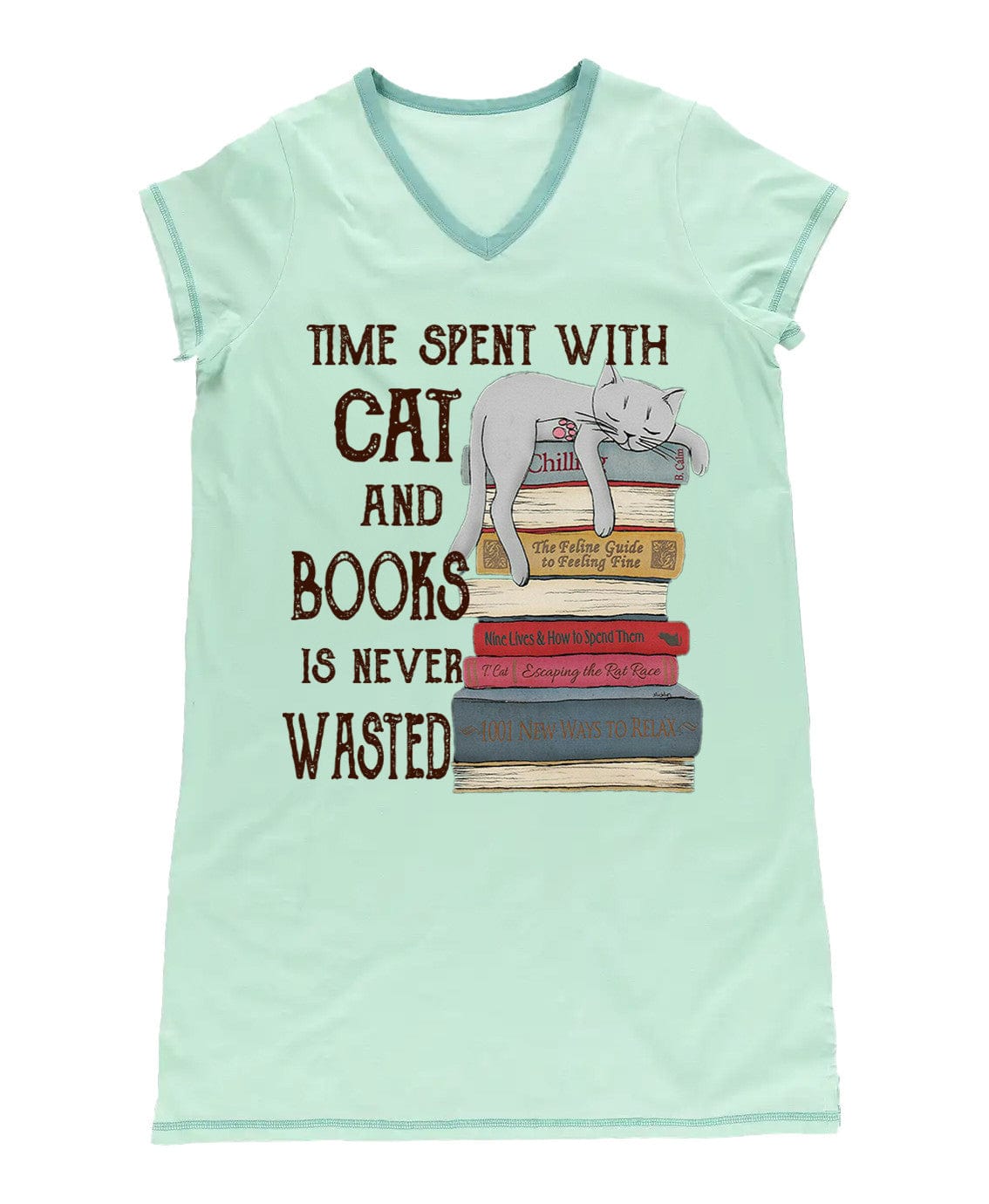 Reading Shineful® V-Neck Nightshirts Time Spent With Cat And Books Tn22 S / Pale Green