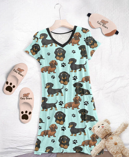 Dachshund Pajabears® V-Neck Nightshirts 03 Hg23 S / Pale Green