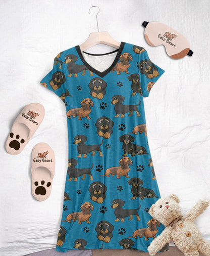 Dachshund Pajabears® V-Neck Nightshirts 03 Hg23 S / Blue