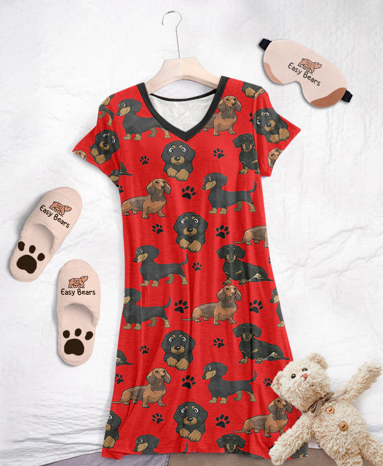 Dachshund Pajabears® V-Neck Nightshirts 03 Hg23 S / Red Splash