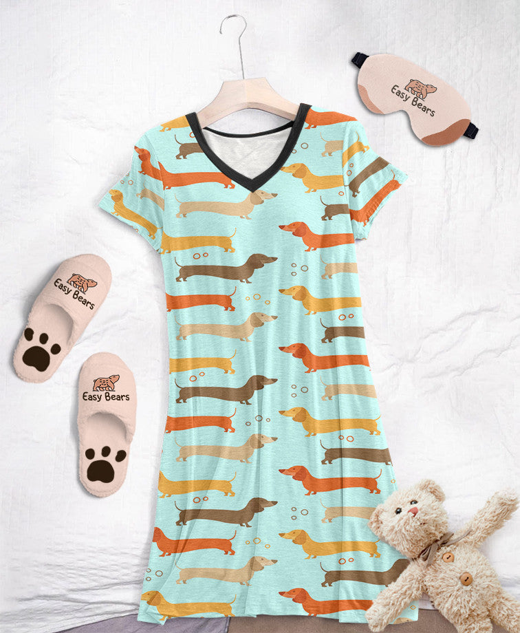 Dachshund Pajabears® V-Neck Nightshirts 04 Hg23 S / Pale Green