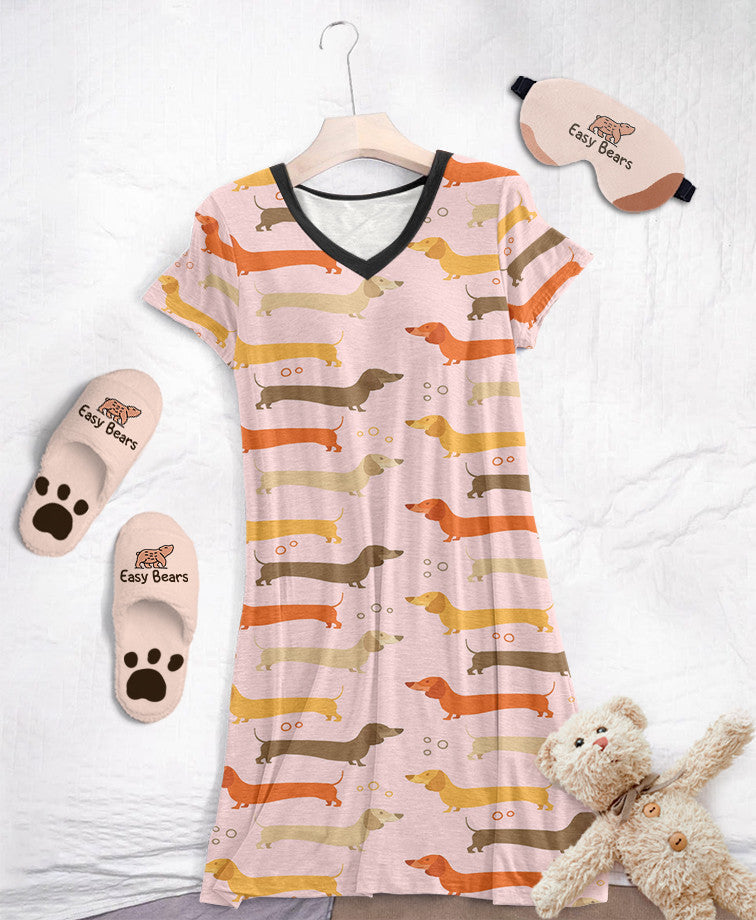 Dachshund Pajabears® V-Neck Nightshirts 04 Hg23 S / Soft Pink