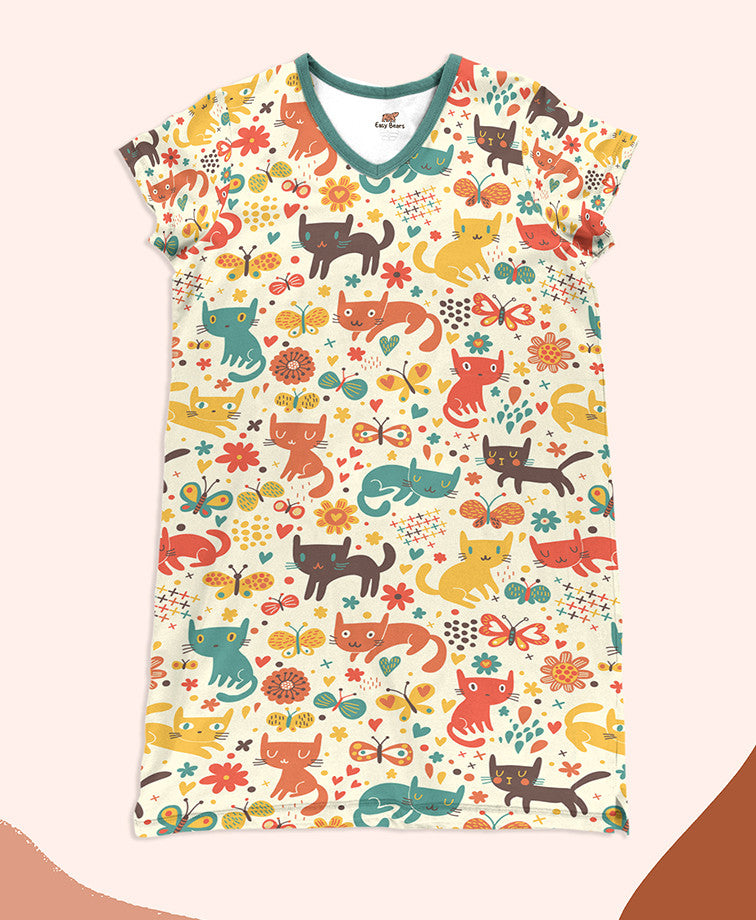 Cat Pajabears® V-Neck Nightshirts Happy Kittens Tn22