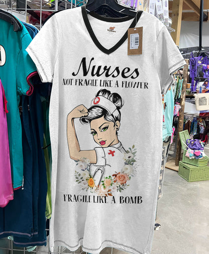 Nurse Pajabears® V-Neck Nightshirts Nurses Not Fragile Like A Flower Bomb Tl10