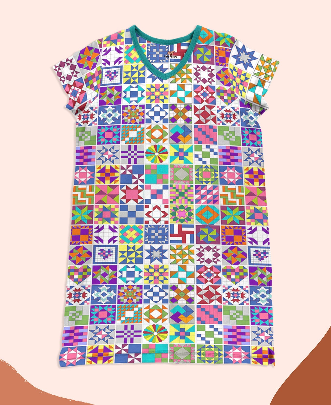 Quilting Pajabears® V-Neck Nightshirts Colorful Quilt Blocks Clv01