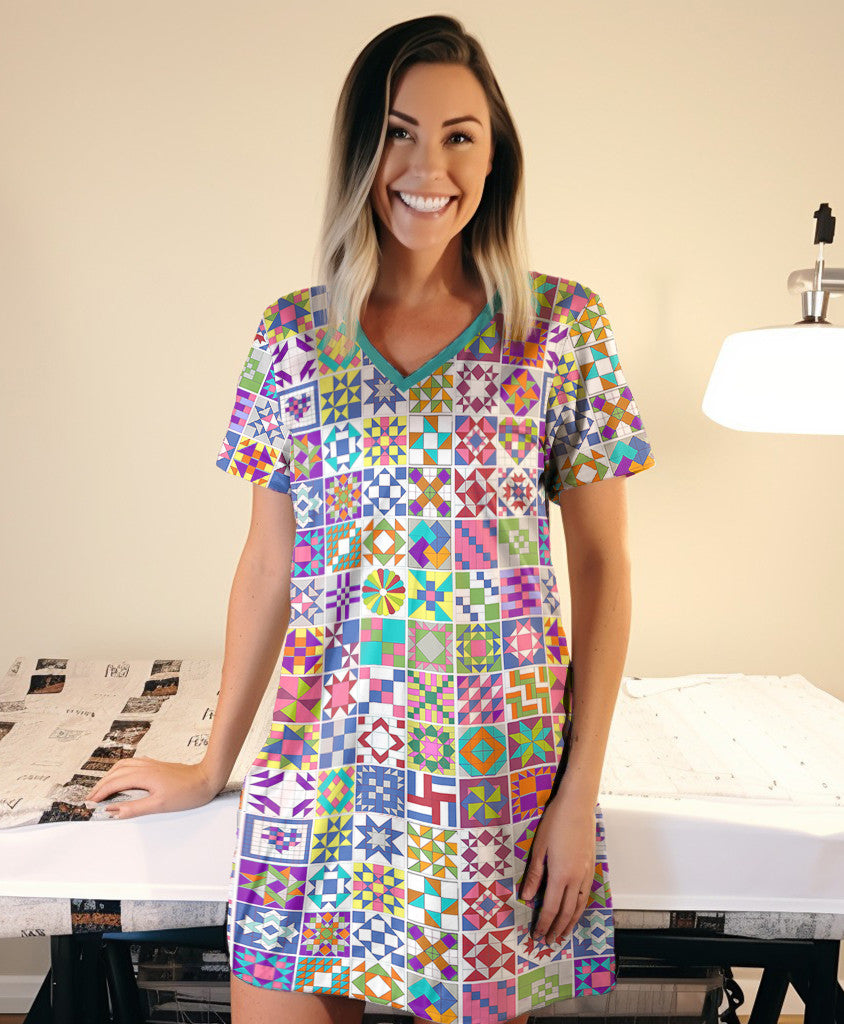 Quilting Pajabears® V-Neck Nightshirts Colorful Quilt Blocks Clv01