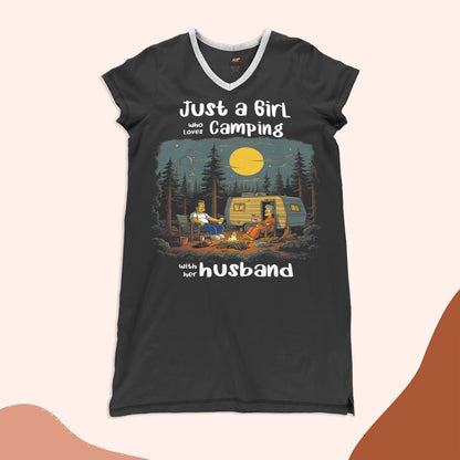 Camping Pajabears® V-Neck Nightshirts Just A Girl Who Loves Camping With Her Husband Hm8