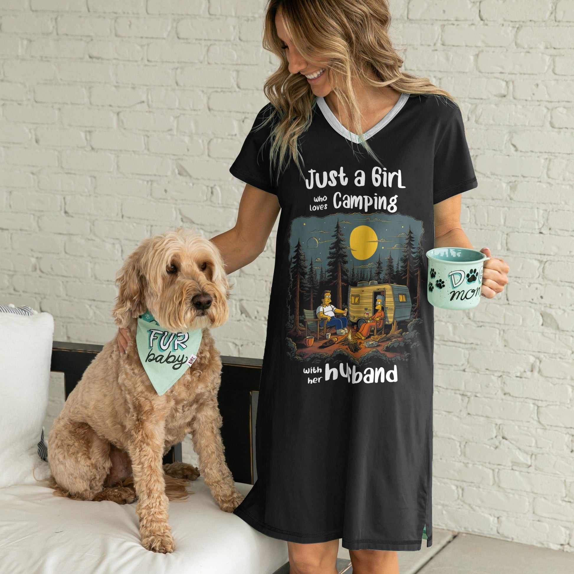 Camping Pajabears® V-Neck Nightshirts Just A Girl Who Loves Camping With Her Husband Hm8