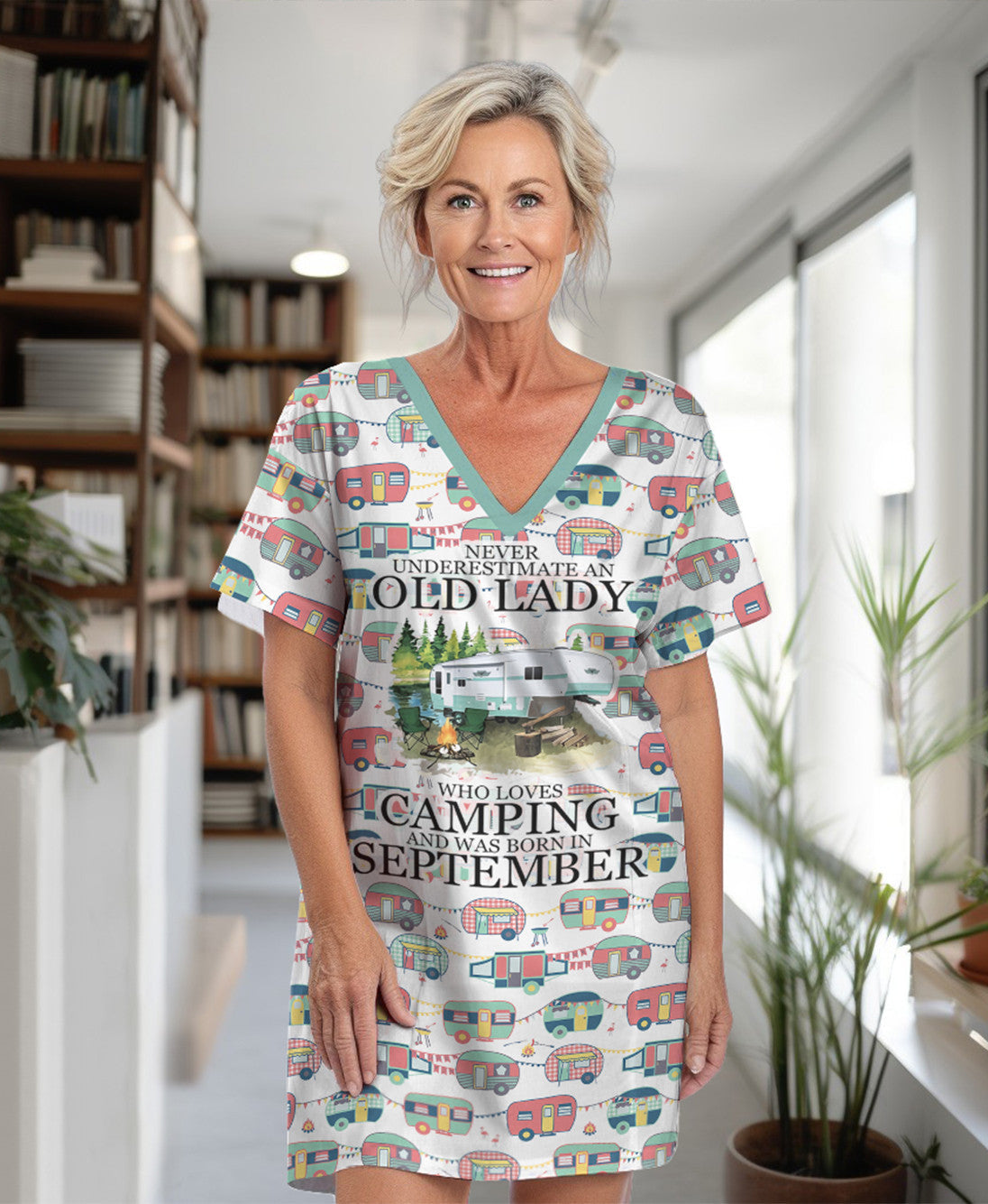 Camping Pajabears® V-Neck Nightshirts Never Underestimate An Old Lady Nt10 S / September