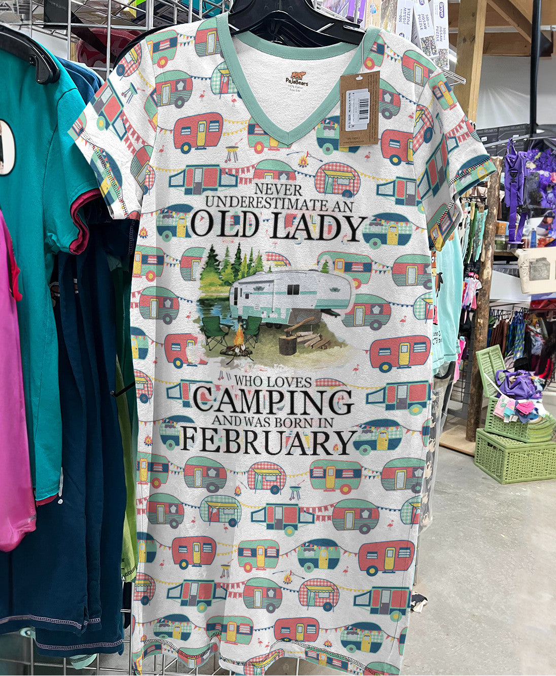 Camping Pajabears® V-Neck Nightshirts Never Underestimate An Old Lady Nt10 S / February