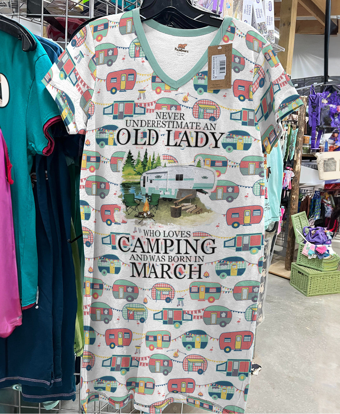 Camping Pajabears® V-Neck Nightshirts Never Underestimate An Old Lady Nt10 S / March