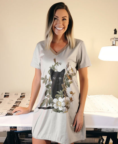 Black Cat Pajabears® V-Neck Nightshirts Gorgeous Flowers Ctl10