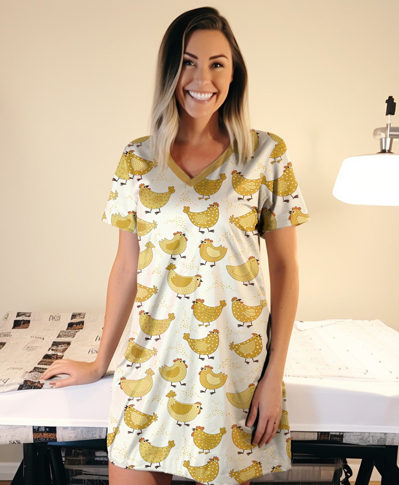 Chicken Pajabears® V-Neck Nightshirts Yellow Polka Dot Tn22