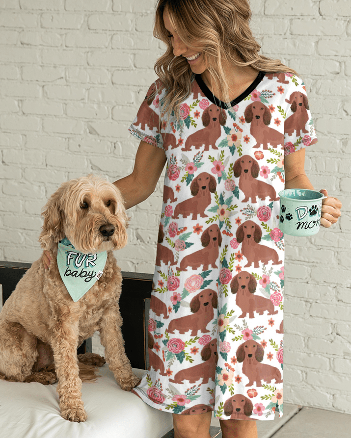 Dog Pajabears® V-Neck Nightshirts Floral Dachshund Kl9