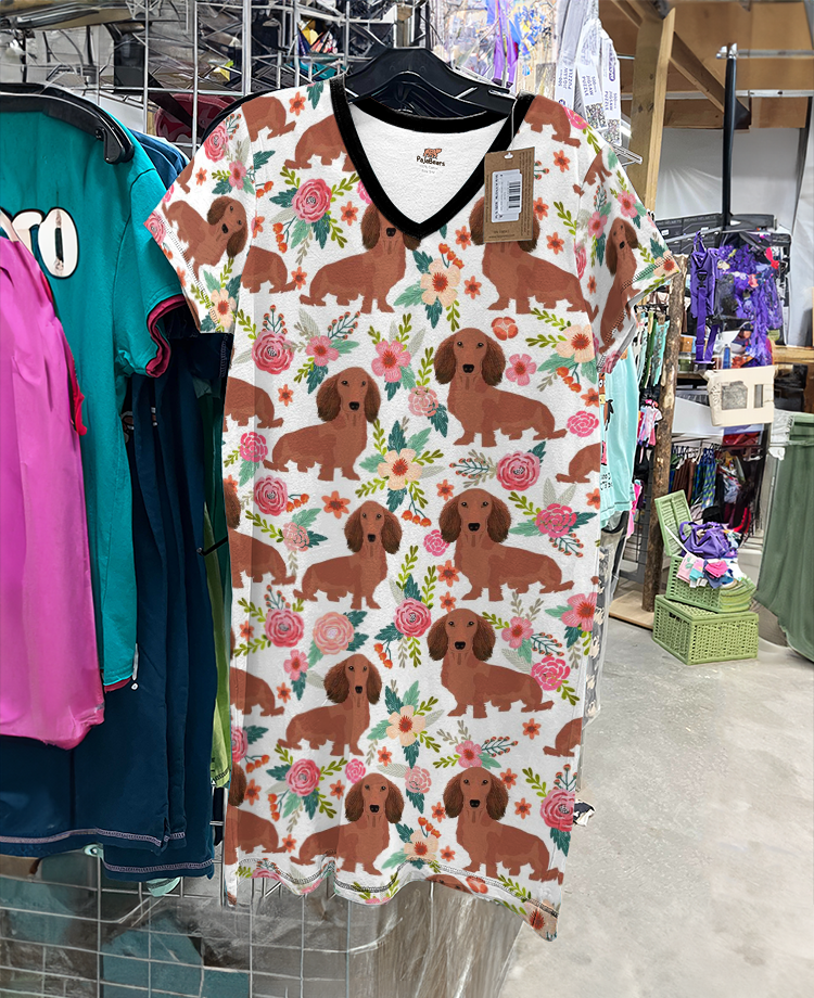 Dog Pajabears® V-Neck Nightshirts Floral Dachshund Kl9