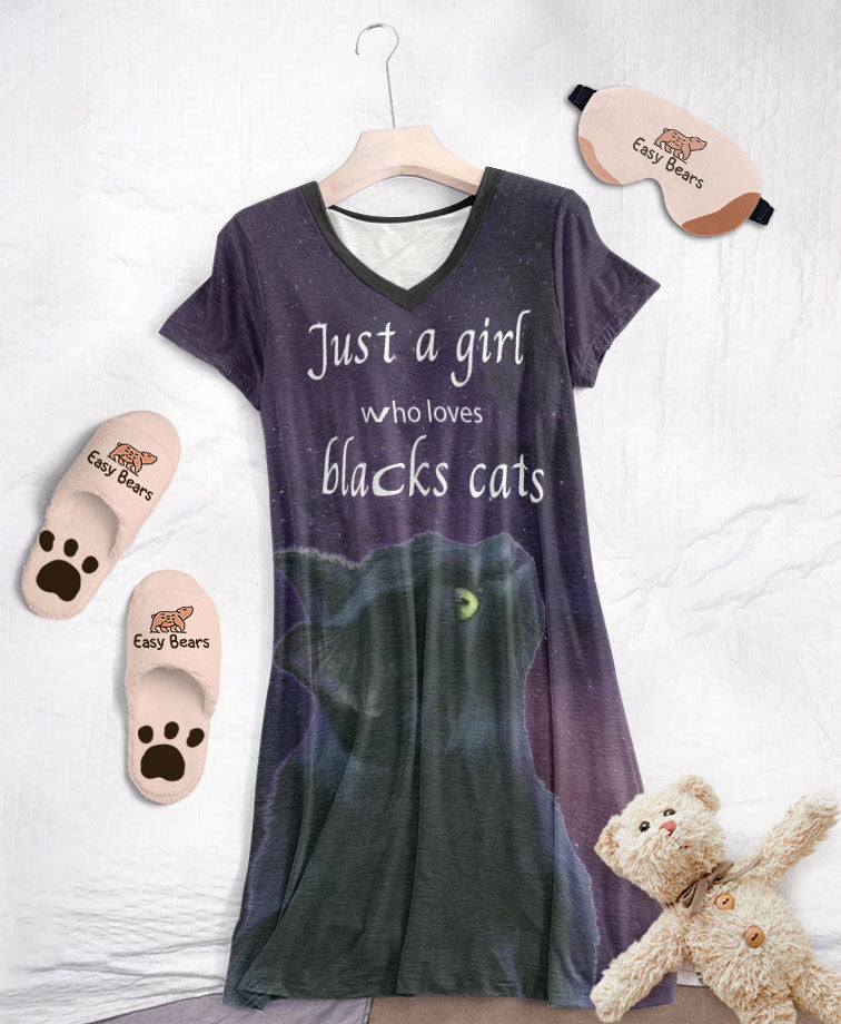 Black Cat Pajabears® V-Neck Nightshirts Lovers Hc2