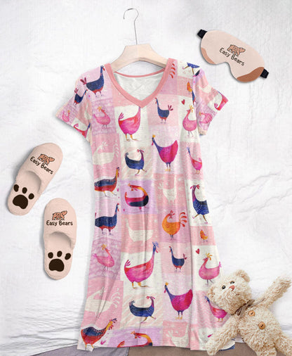 Chicken Pajabears® V-Neck Nightshirts Pink Chickens Hc2