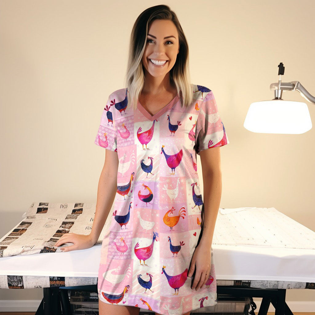 Chicken Pajabears® V-Neck Nightshirts Pink Chickens Hc2