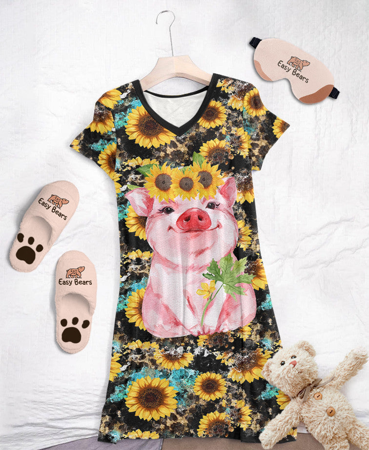 Pig Pajabears® V-Neck Nightshirts Sunflower 2 Styles Hg23