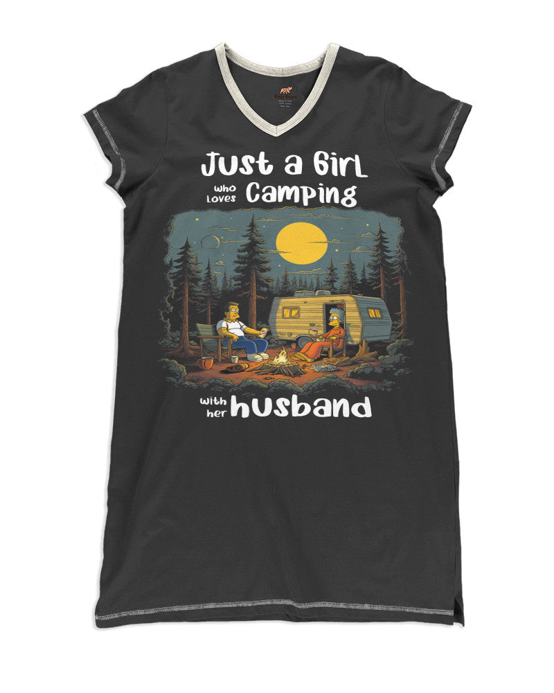 Camping Pajabears® V-Neck Nightshirts Just A Girl Who Loves Camping With Her Husband Hm8