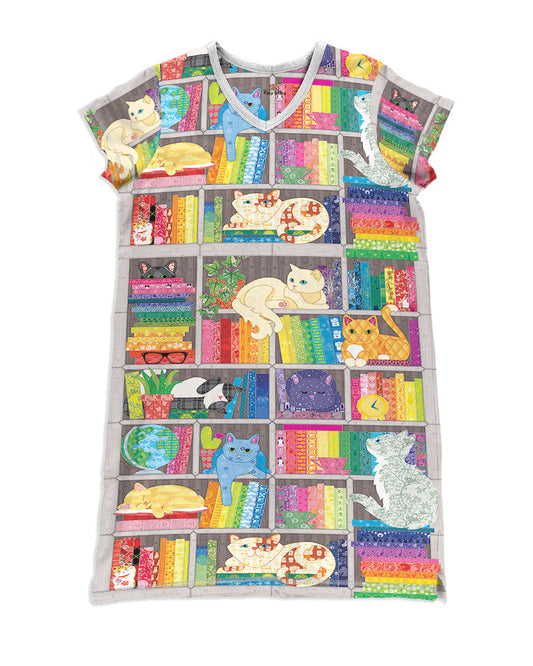 Cat Reading Shineful® V-Neck Nightshirts & Books Hg23