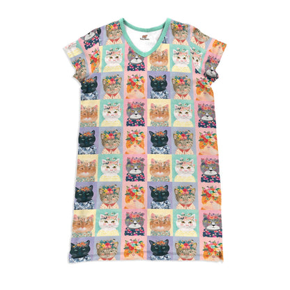 Cat Pajabears® V-Neck Nightshirts Charming Floral Cats Ctl10