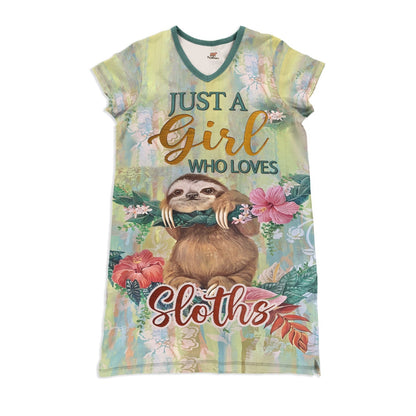 Sloth Pajabears® V-Neck Nightshirts Just A Girl Who Loves Sloths Nt10