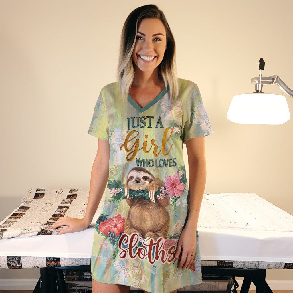 Sloth Pajabears® V-Neck Nightshirts Just A Girl Who Loves Sloths Nt10