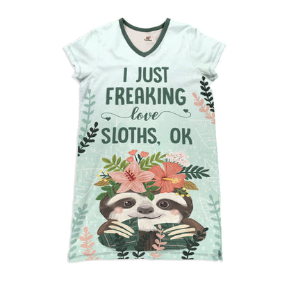 Sloth Pajabears® V-Neck Nightshirts I Just Freaking Love Sloths Ok Nt10