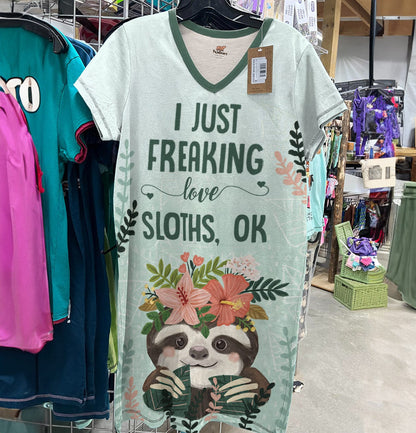 Sloth Pajabears® V-Neck Nightshirts I Just Freaking Love Sloths Ok Nt10