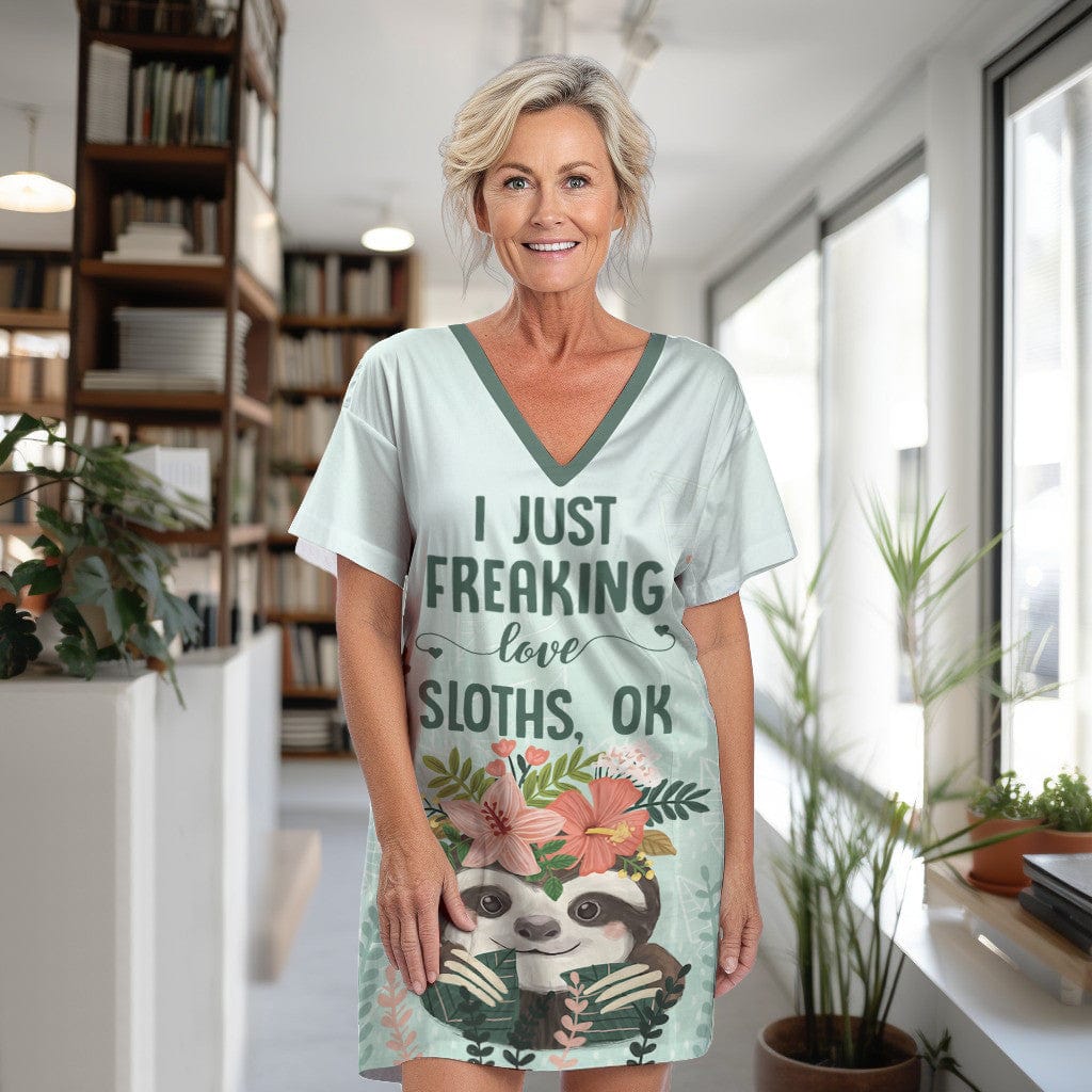 Sloth Pajabears® V-Neck Nightshirts I Just Freaking Love Sloths Ok Nt10