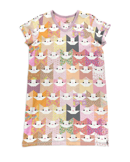 Cat Quilting Shineful® V-Neck Nightshirts 02 Hg23 S / Pink Cats