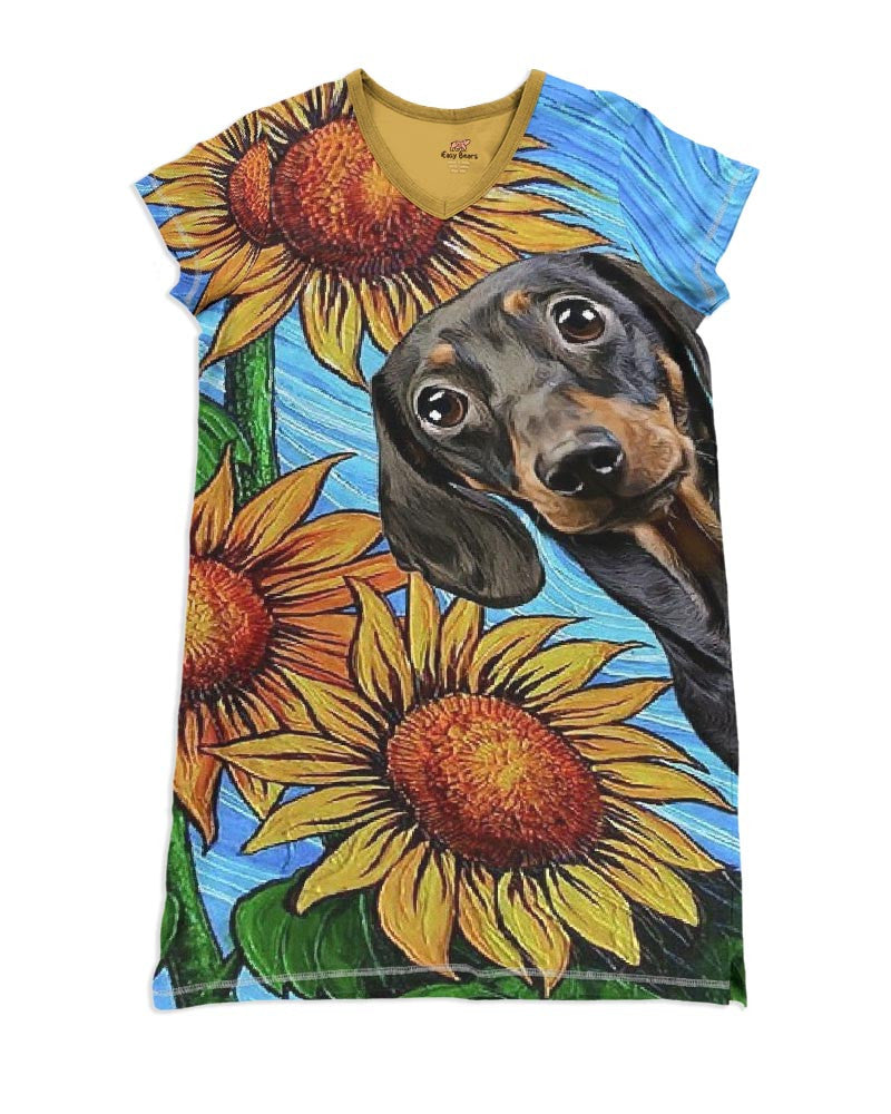 Dachshund Pajabears® V-Neck Women’s Nightshirts With Sunflowers Qa55