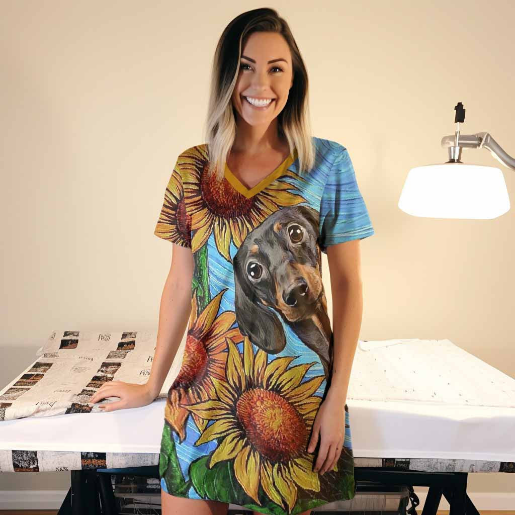 Dachshund Pajabears® V-Neck Women’s Nightshirts With Sunflowers Qa55