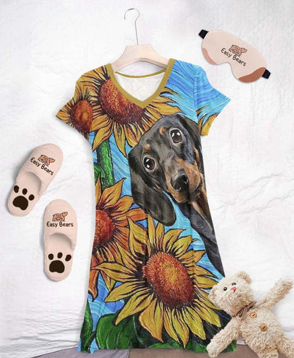 Dachshund Pajabears® V-Neck Women’s Nightshirts With Sunflowers Qa55