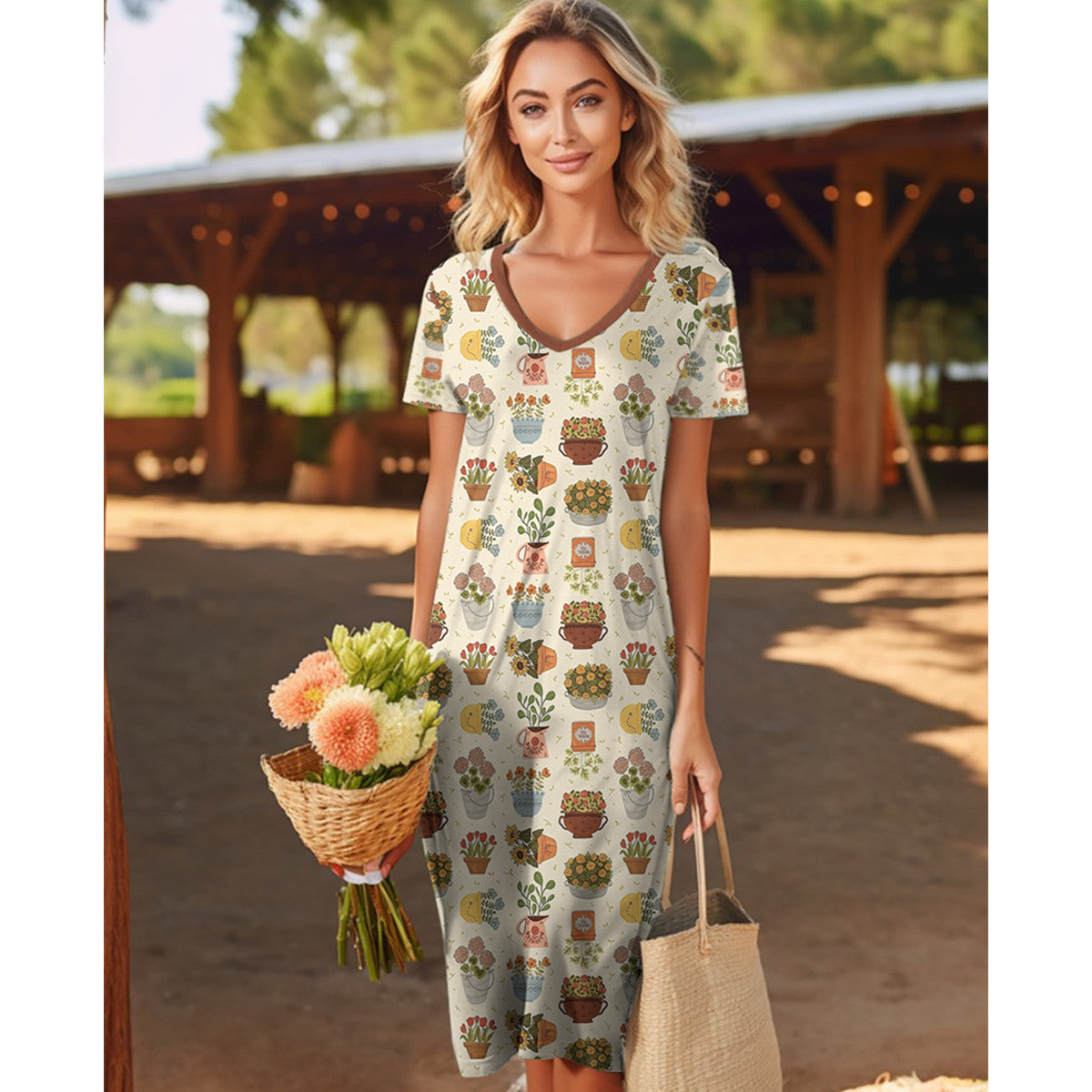 Gardening Pajabears® V-Neck Nightshirts Flower Garden Tn22